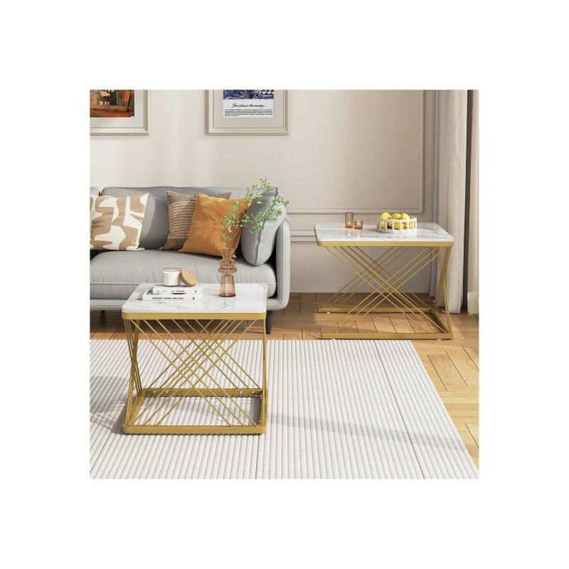 Beyaz Mermer Desenli Gold Metal Zigon Sehpa 60x60x45 cm & 45x45x40 cm - 106681
