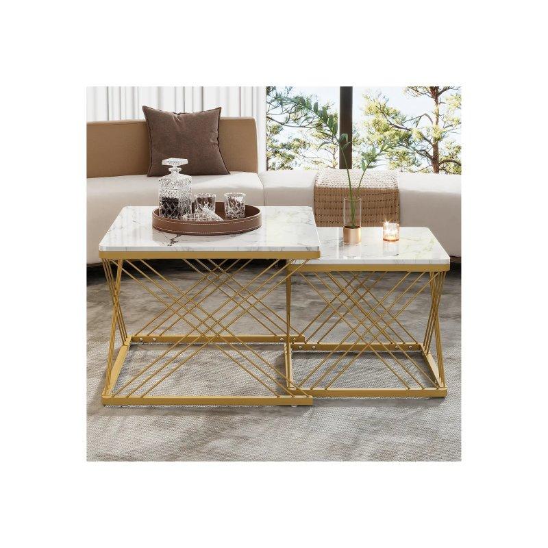 Beyaz Mermer Desenli Gold Metal Zigon Sehpa 60x60x45 cm & 45x45x40 cm - 106681
