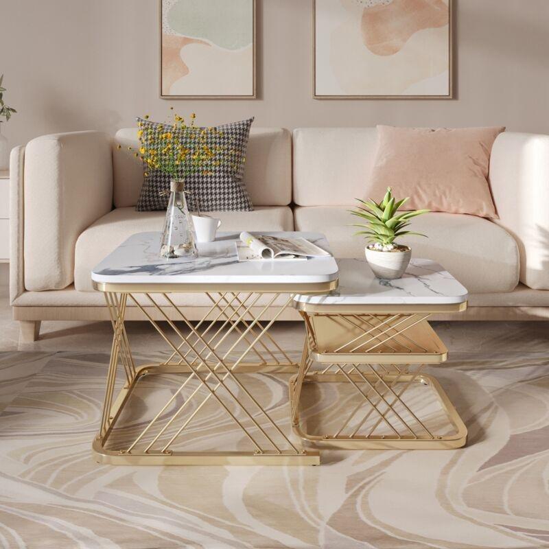 Beyaz Mermer Desenli Gold Metal Zigon Sehpa 60x60x45 cm - 107656
