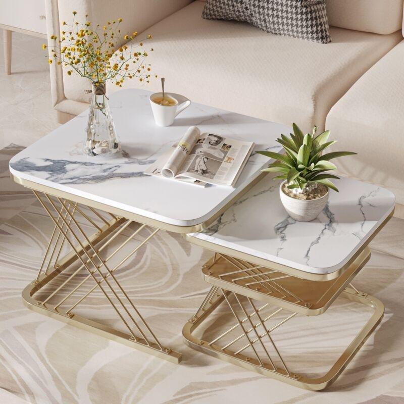 Beyaz Mermer Desenli Gold Metal Zigon Sehpa 60x60x45 cm - 107656