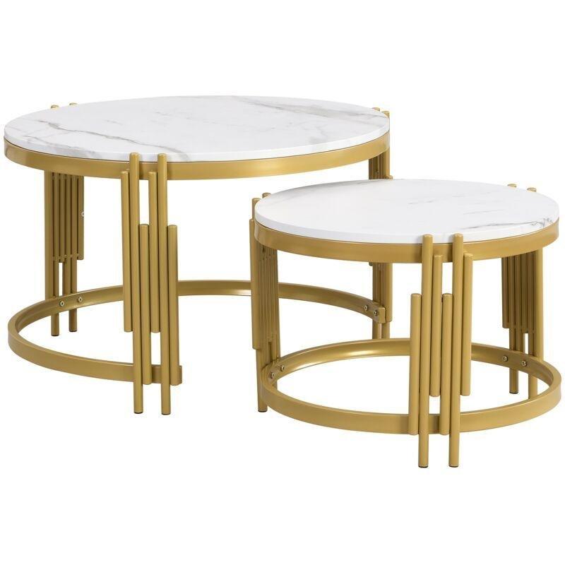 Beyaz Mermer Desenli Gold Metal Zigon Sehpa 72x72 cm 2'li Set - 107292