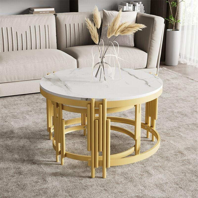 Beyaz Mermer Desenli Gold Metal Zigon Sehpa 72x72x44 cm - 107898