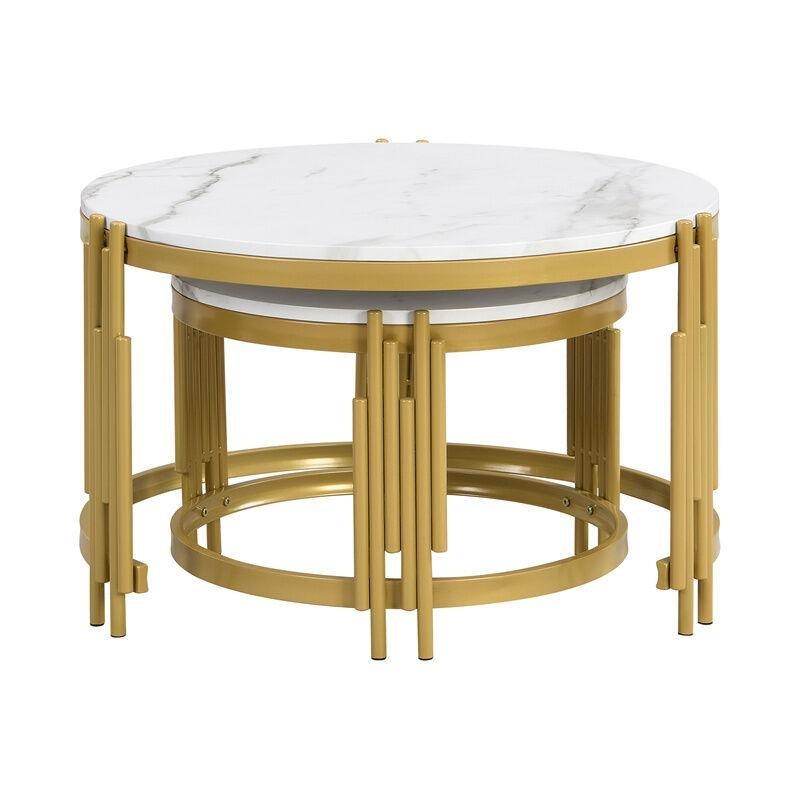 Beyaz Mermer Desenli Gold Metal Zigon Sehpa 72x72x44 cm - 107898