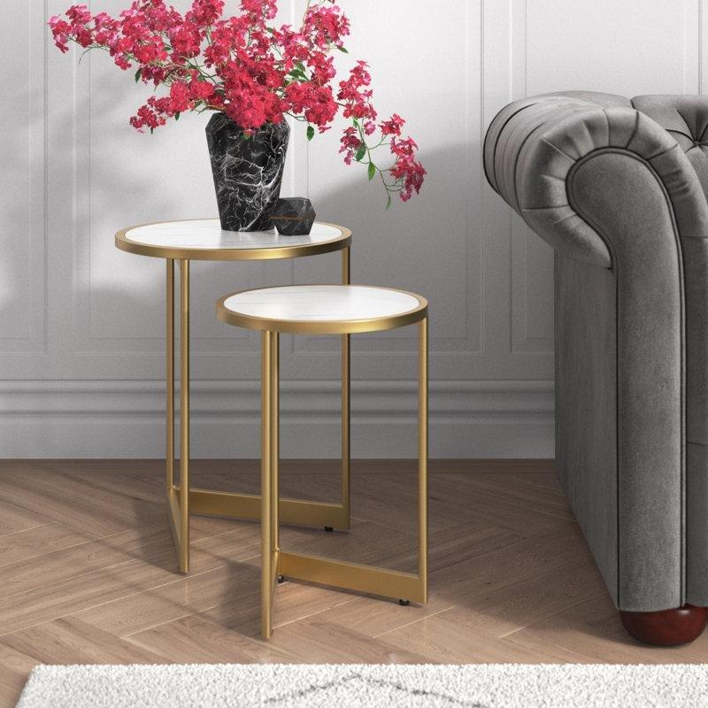 Beyaz Mermer Desenli Gold Pirinç Zigon Sehpa 41x41x51 cm - 108550