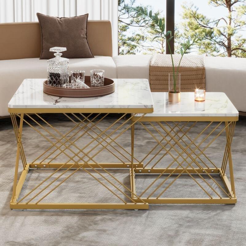 Beyaz Mermer Desenli Gold Zigon Sehpa 60x60x45 cm - 107371