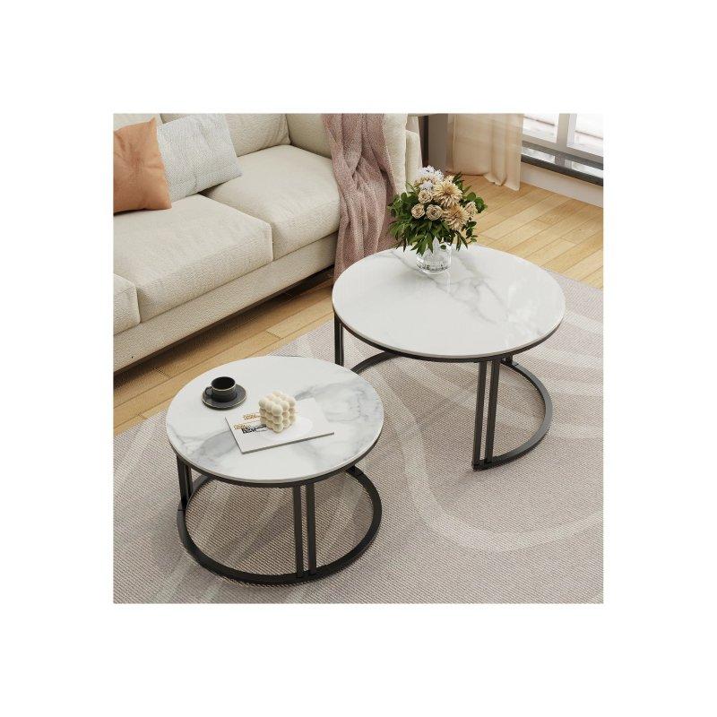 Beyaz Mermer Desenli İkili Zigon Sehpa 70x70x40 cm - 57x57x35 cm - 106615