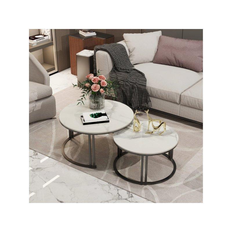 Beyaz Mermer Desenli İkili Zigon Sehpa 70x70x40 cm - 57x57x35 cm - 106615