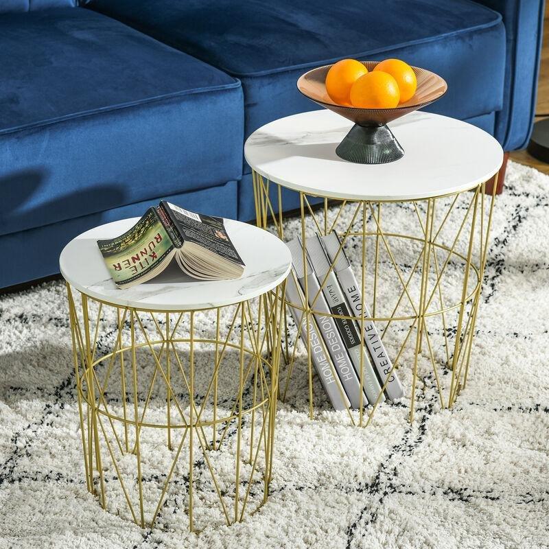 Beyaz Mermer Desenli MDF İç İçe Geçebilen Gold Yan Sehpa-44x46 cm - 111858