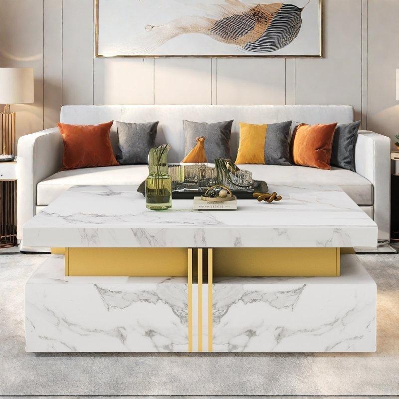 Beyaz Mermer Desenli Metal Ayaklı Kare Çekmeceli Lüks Orta Sehpa 110x110 cm - 104473