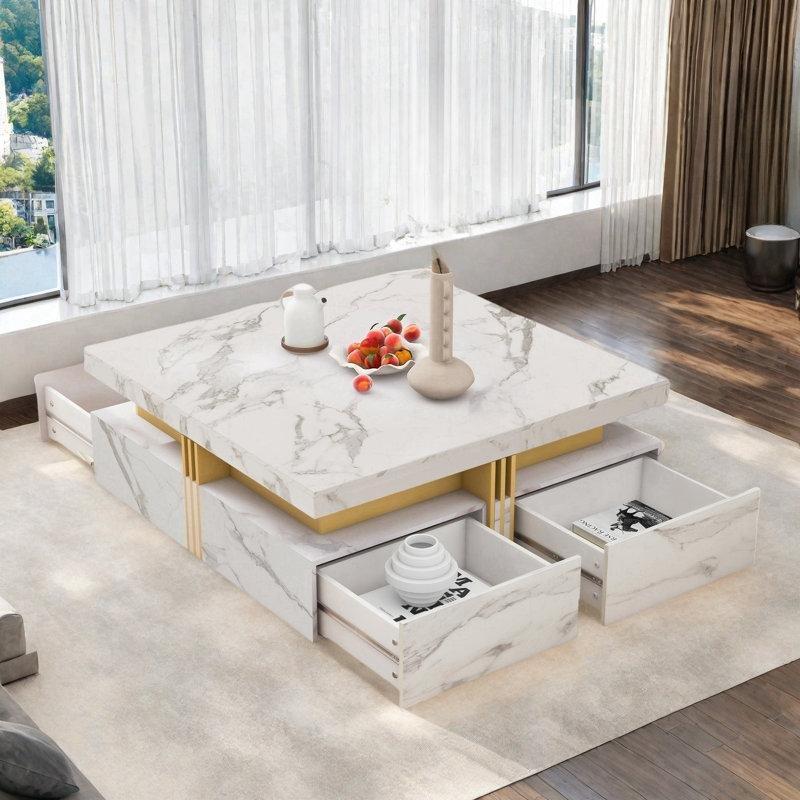 Beyaz Mermer Desenli Metal Ayaklı Kare Çekmeceli Lüks Orta Sehpa 110x110 cm - 104473