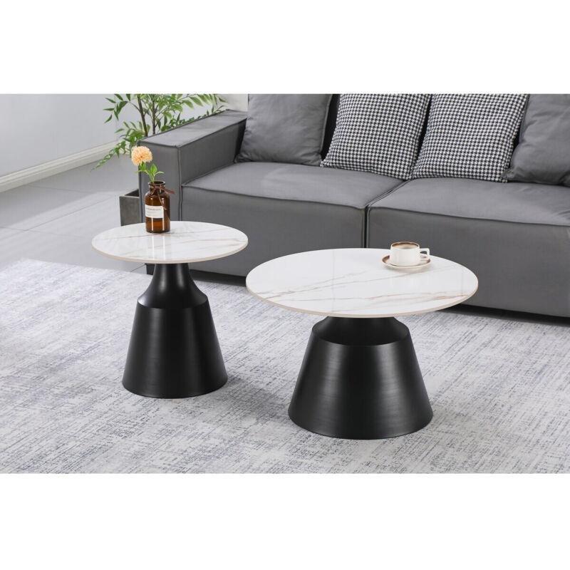 Beyaz Mermer Desenli Seramik Zigon Sehpa 70x70 cm İkili Set - 107455