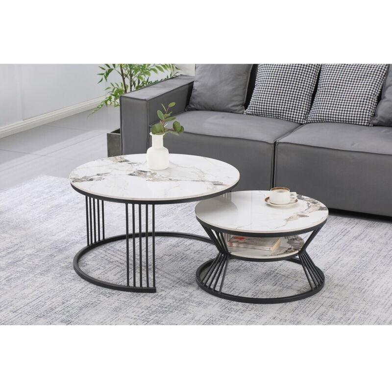 Beyaz Mermer Desenli Seramik Zigon Sehpa 70x70 cm İkili Set - 107544