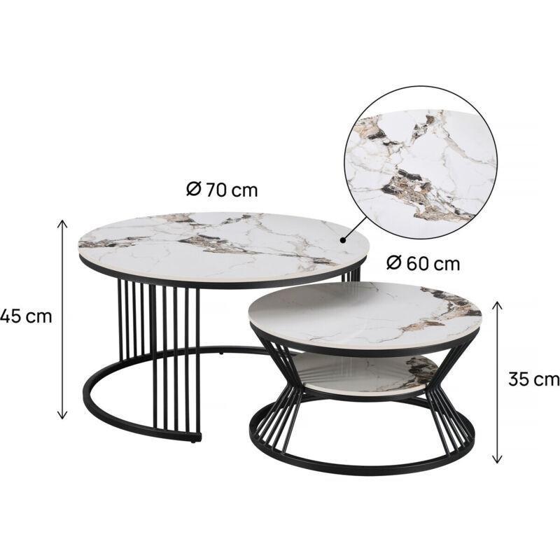 Beyaz Mermer Desenli Seramik Zigon Sehpa 70x70 cm İkili Set - 107544