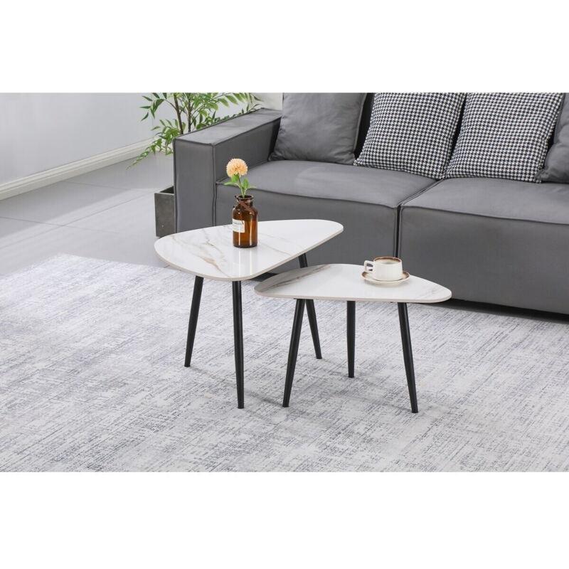 Beyaz Mermer Desenli Seramik Zigon Sehpa 79 cm 2'li Set - 107408