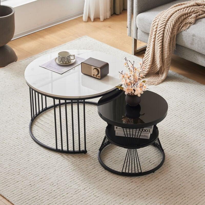 Beyaz Mermer Desenli Siyah Metal Ayaklı İkili Zigon Sehpa 70x70x46 cm - 107855