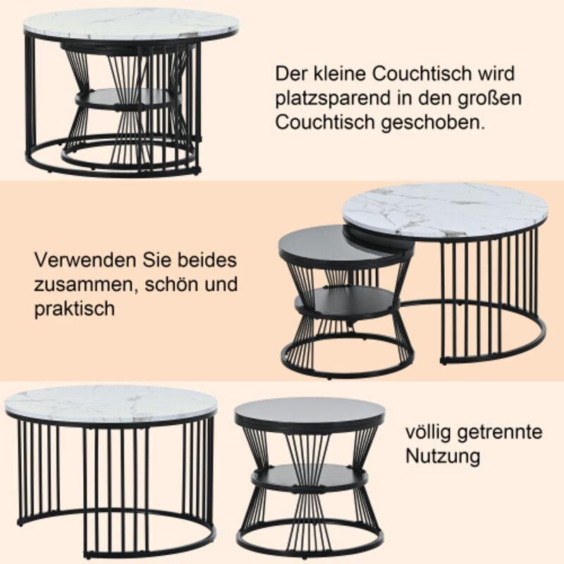 Beyaz Mermer Desenli Zigon Sehpa 70x45 cm - Siyah Metal Ayaklı 2'li Set - 107831