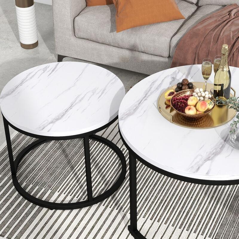 Beyaz Mermer Desenli Zigon Sehpa 71x71x50 cm 2'li Set - 107697