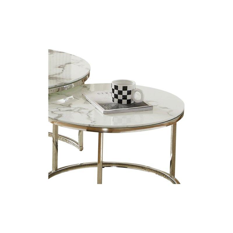 Beyaz Mermer Efektli Cam Orta Sehpa 80x80 cm Metal Ayaklı - 102516