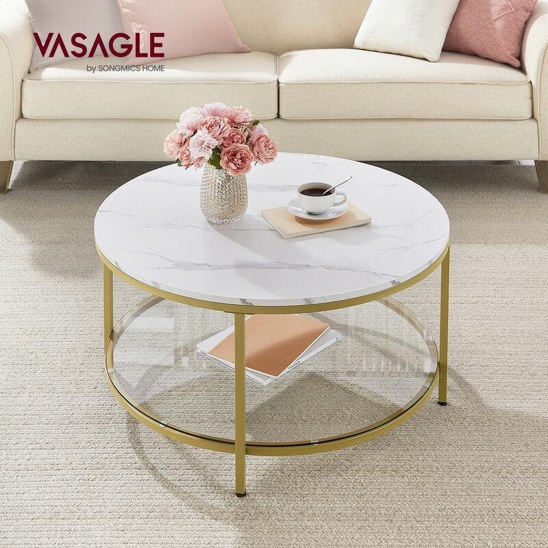 Beyaz Mermer Görünümlü Cam Orta Sehpa 80x80 cm Gold Metal Ayaklı - 103128