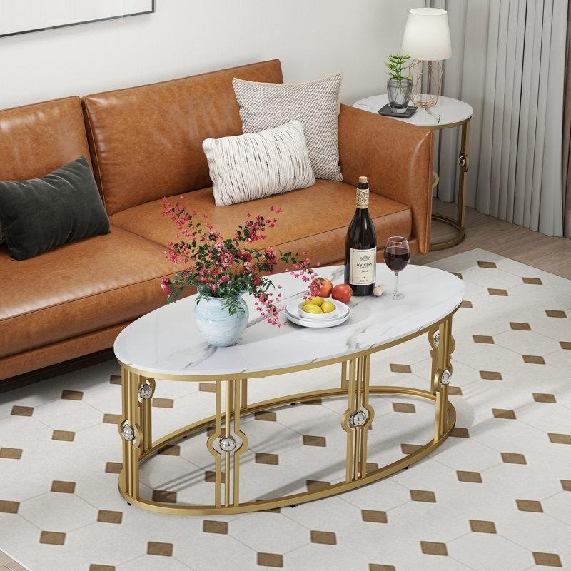 Beyaz Mermer Görünümlü Gold Ayaklı Oval Orta Sehpa 122x62x46 cm - 105034