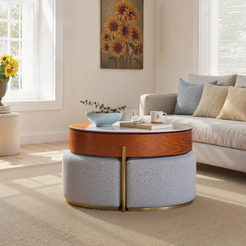 Beyaz Mermer Görünümlü Kaldırılabilir Akıllı Sehpa 80x80 cm Gold Ayaklı 3 Oturma Taburesi İle - 101007