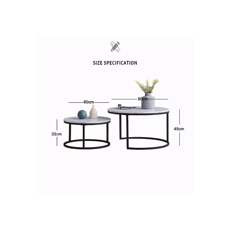Beyaz Mermer Görünümlü Metal Ayaklı İç İçe Geçebilen Yuvarlak Orta Sehpa 80 cm + 60 cm - 102357
