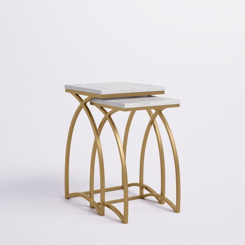 Beyaz Mermer İçi İçe Geçebilen Ferforje Yan Sehpa-31x31x56 cm - 112809