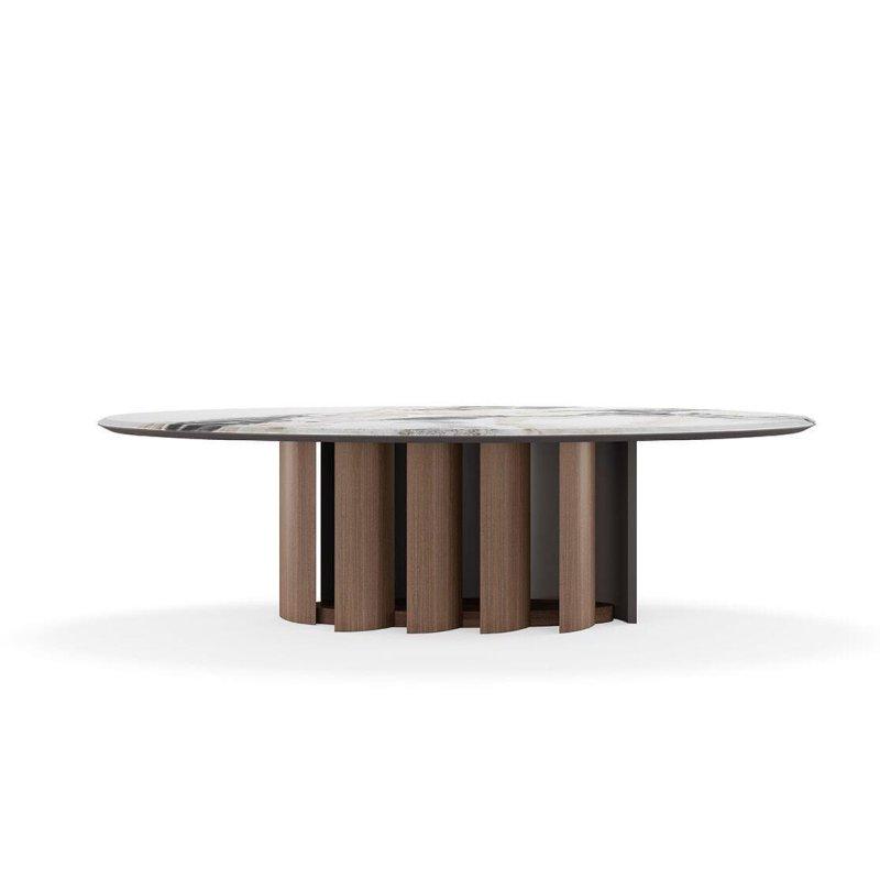 Beyaz Mermer Oval Masa 280x130 cm Ceviz Ayaklı - 91687