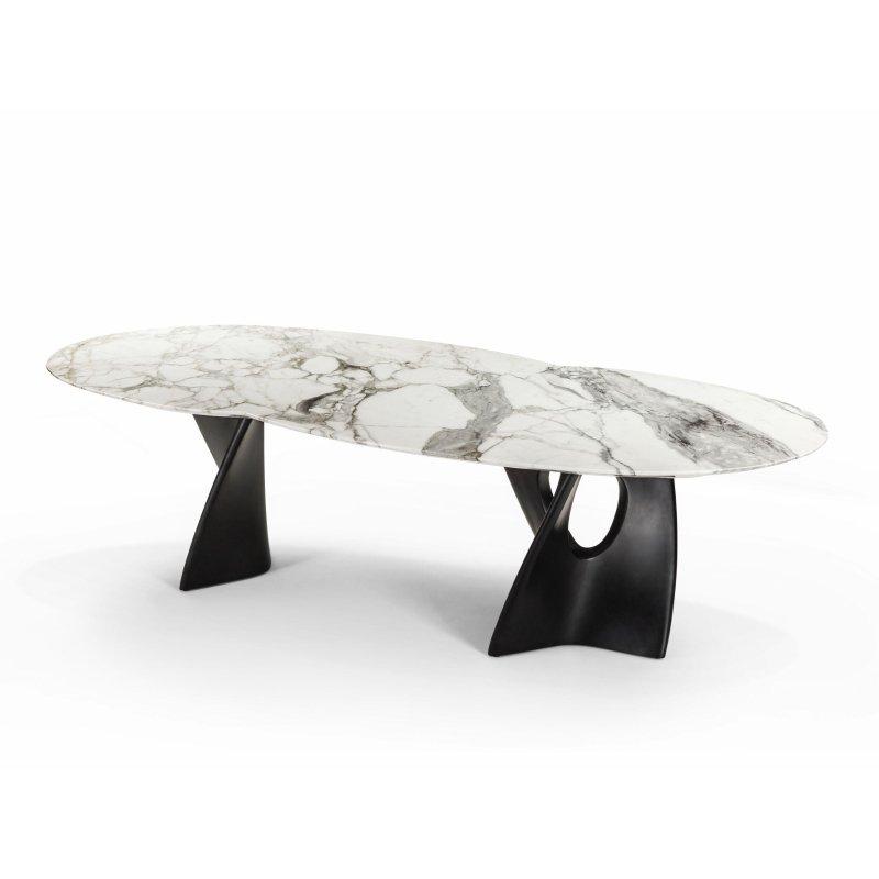 Beyaz Mermer Oval Yemek Masası 240x120 cm Siyah Ayaklı - 91963
