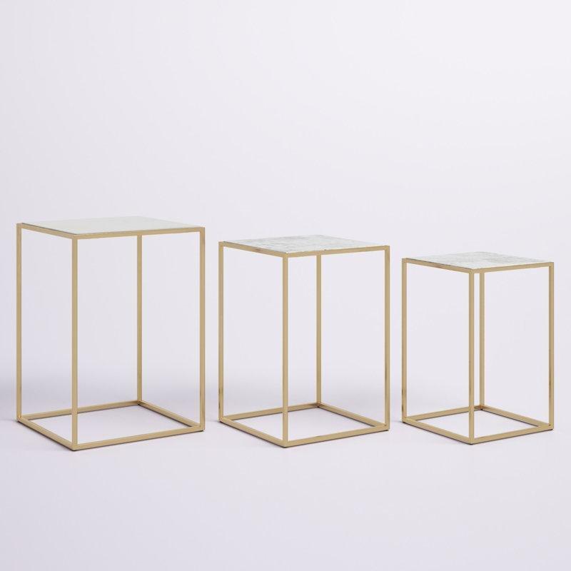 Beyaz Mermer Piramit Zigon Sehpa Gold Metal Ayaklı 46x46 cm Üçlü Set - 108496