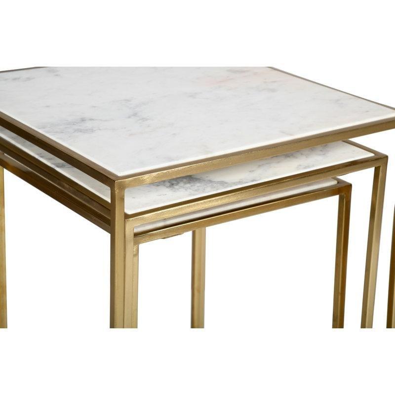 Beyaz Mermer Piramit Zigon Sehpa Gold Metal Ayaklı 46x46 cm Üçlü Set - 108496