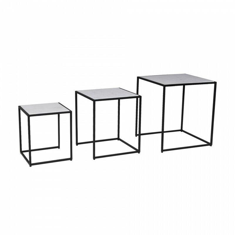 Beyaz Mermer Siyah Metal Üçlü Zigon Sehpa 45x45x51 cm - 106982