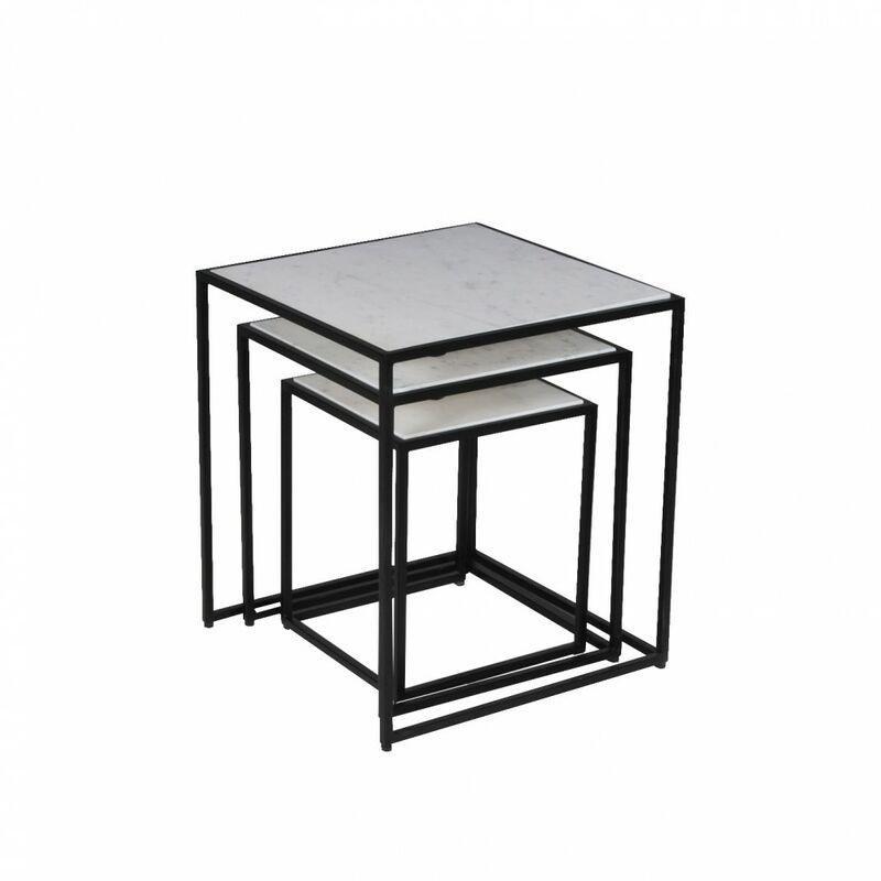 Beyaz Mermer Siyah Metal Üçlü Zigon Sehpa 45x45x51 cm - 106982