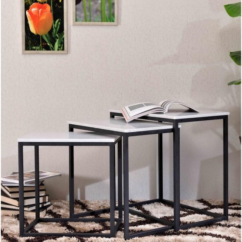 Beyaz Mermer Tablalı Siyah Metal Üçlü Klasik Zigon Sehpa 60x38 cm - 108340