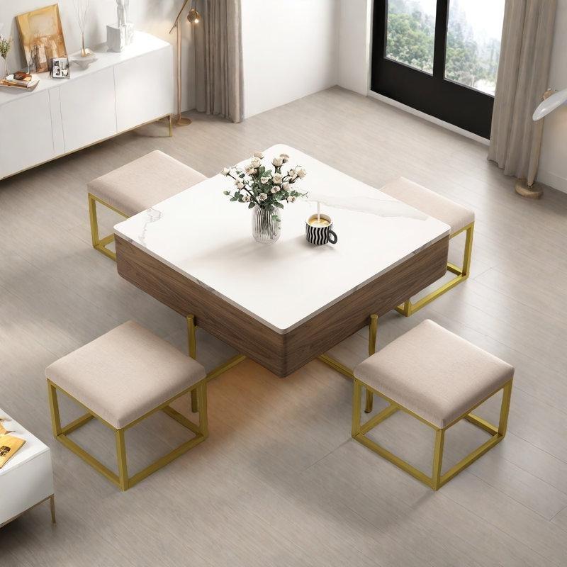 Beyaz Mermer ve Ceviz Kaplı Kare Puflu Orta Sehpa 80x80 cm Kaldırmalı Saklama Bölmeli - 104770