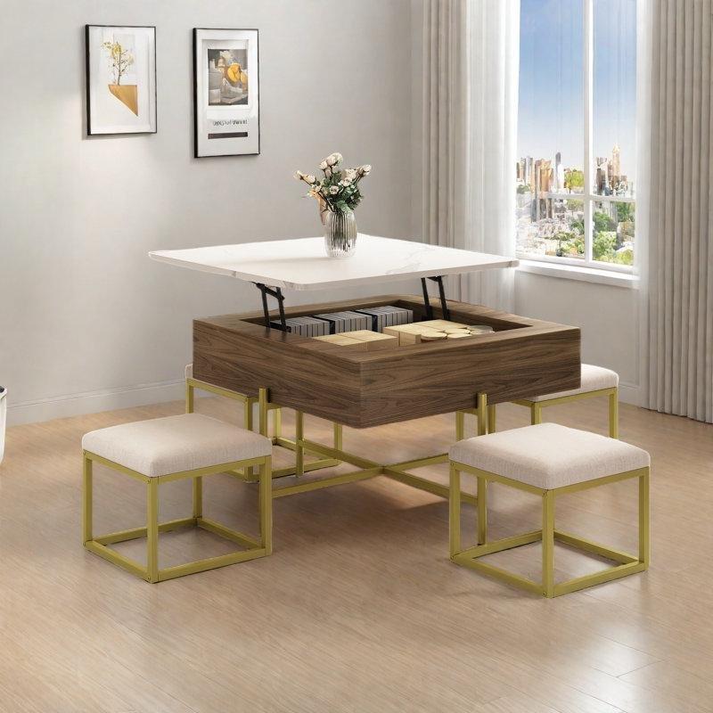 Beyaz Mermer ve Ceviz Kaplı Kare Puflu Orta Sehpa 80x80 cm Kaldırmalı Saklama Bölmeli - 104770