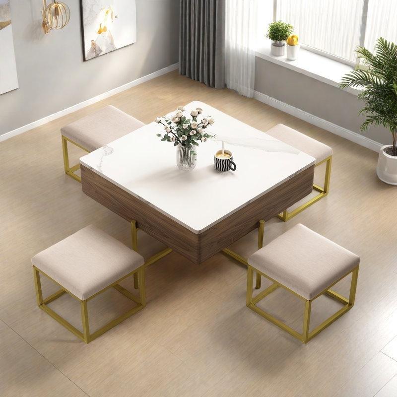 Beyaz Mermer ve Ceviz Kaplı Kare Puflu Orta Sehpa 80x80 cm Kaldırmalı Saklama Bölmeli - 104770