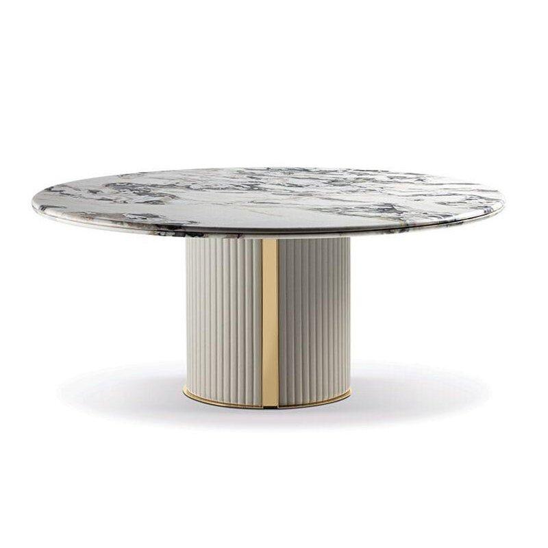 Beyaz Mermer Yemek Masası 160 cm Yuvarlak Kapitoneli Deri Ayaklı - 91678