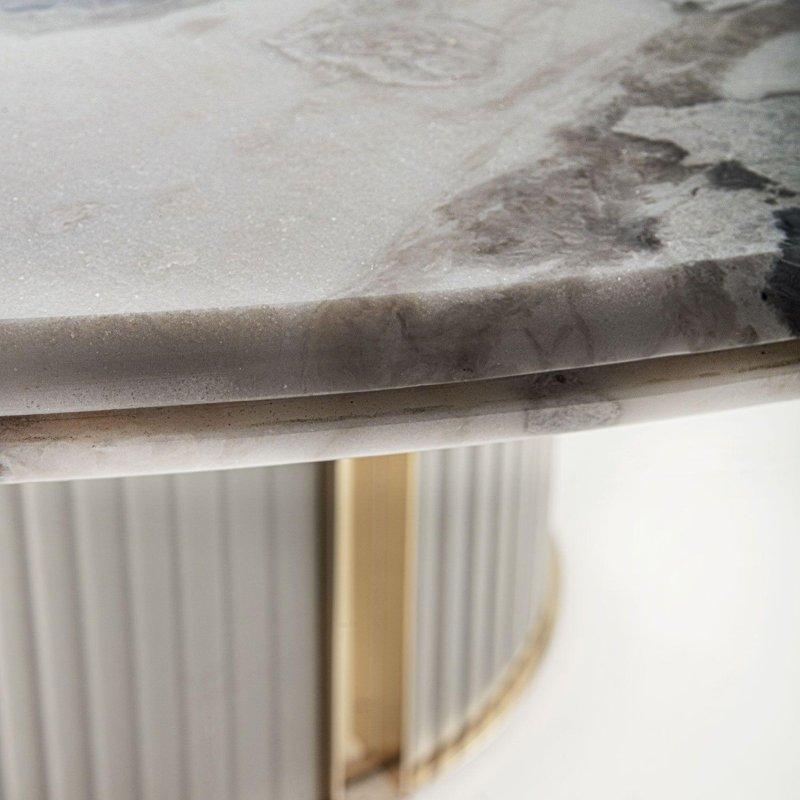 Beyaz Mermer Yemek Masası 160 cm Yuvarlak Kapitoneli Deri Ayaklı - 91678