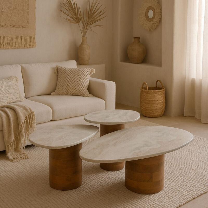 Beyaz Mermer Yuvarlak Üçlü Zigon Sehpa, Koyu Ahşap Ayaklı, 41-55-73 cm - 107953