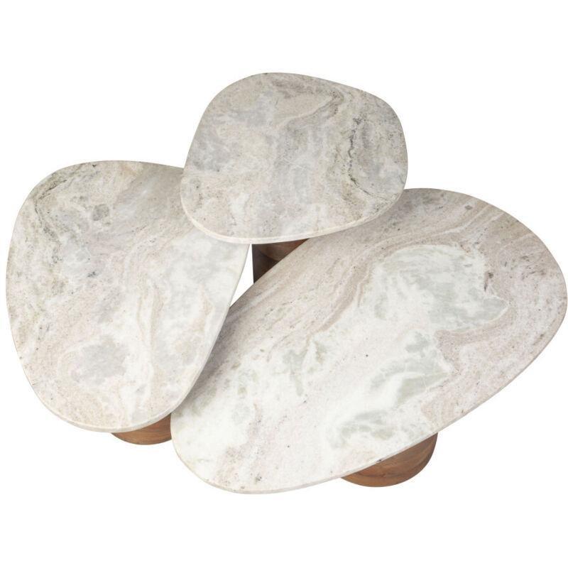 Beyaz Mermer Yuvarlak Üçlü Zigon Sehpa, Koyu Ahşap Ayaklı, 41-55-73 cm - 107953