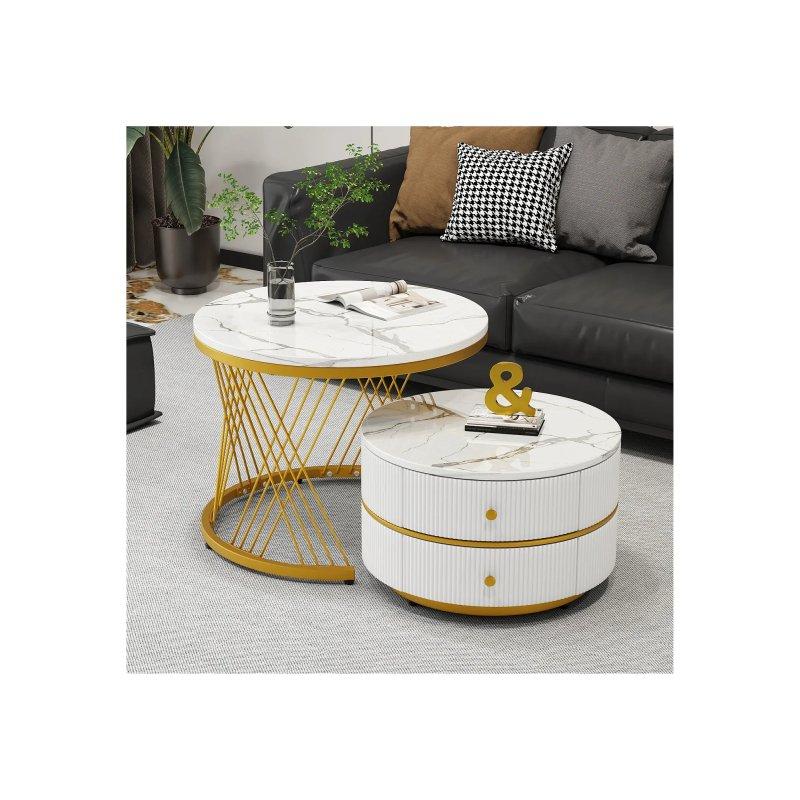 Beyaz Mermerli İç İçe Yuvarlak Orta Sehpa Seti 60 cm ve 50 cm Gold Ayaklı - 102453