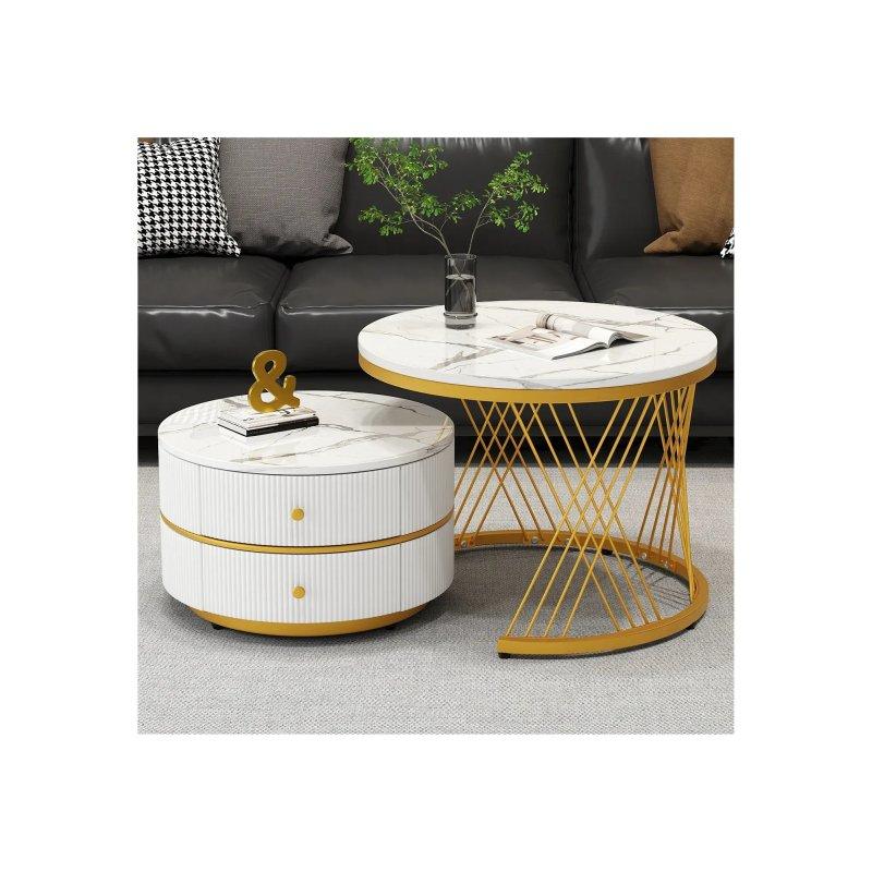 Beyaz Mermerli İç İçe Yuvarlak Orta Sehpa Seti 60 cm ve 50 cm Gold Ayaklı - 102453
