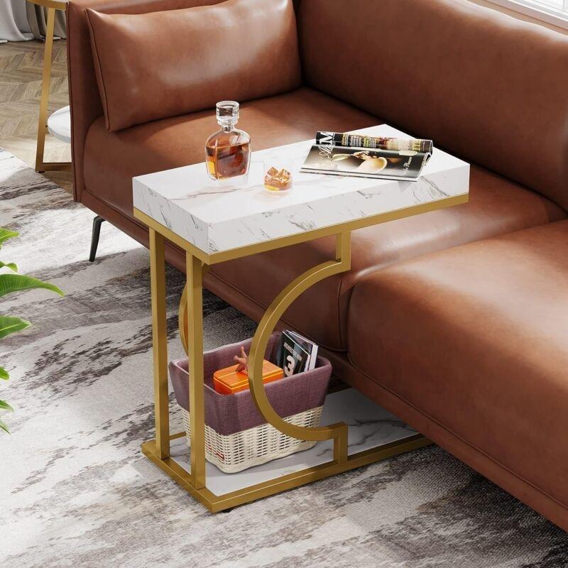 Beyaz Metal C Şekilli Gold Yan Sehpa-60x30x61 cm - 111606