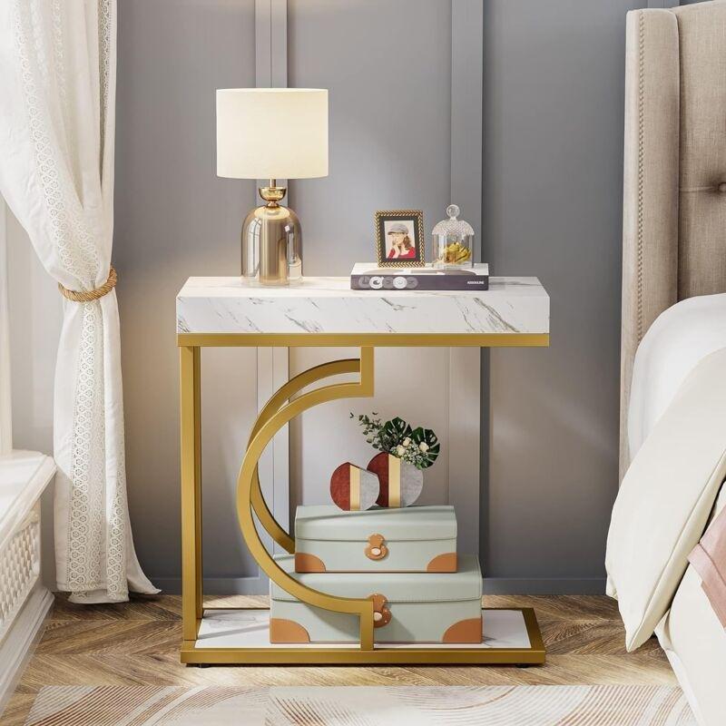 Beyaz Metal C Şekilli Gold Yan Sehpa-60x30x61 cm - 111606