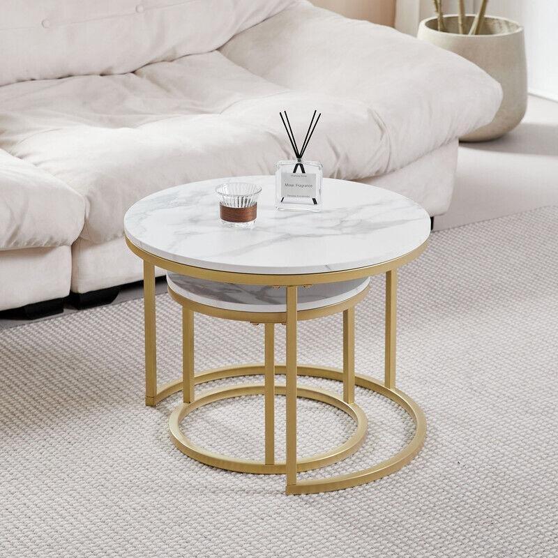 Beyaz Metal MDF Mermer Desenli İç İçe Geçebilen Mermer Yan Sehpa-60x45x40 cm - 110443