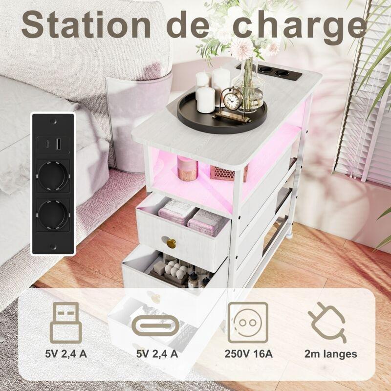 Beyaz Metal MDF Şarj İstasyonlu LED Işıklı Tekerlekli Yan Sehpa-60x30x62 cm - 111578