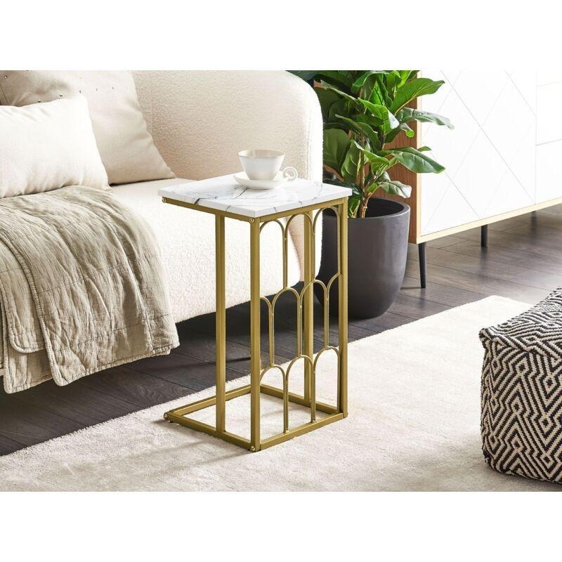 Beyaz Metal Mermer Desenli Gold Yan Sehpa-30x30x54 cm - 111945