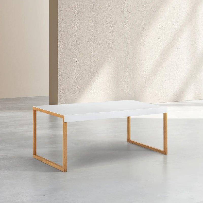 Beyaz Metal Orta Sehpa 84x42 cm Masif Meşe Ayaklı - 103713