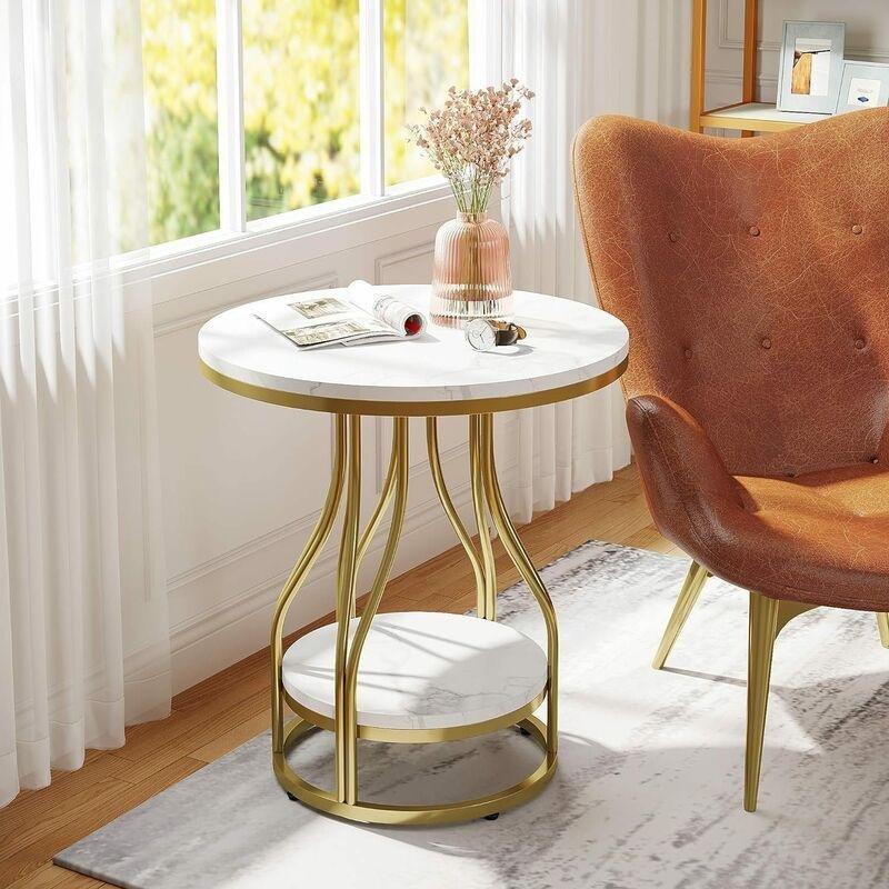 Beyaz Metal Raflı Mermer Yan Sehpa-50x50x60 cm - 110331